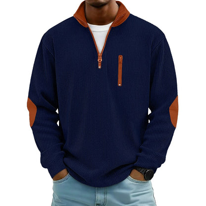 Patchwork Corduroy Zipped Henley Shirt