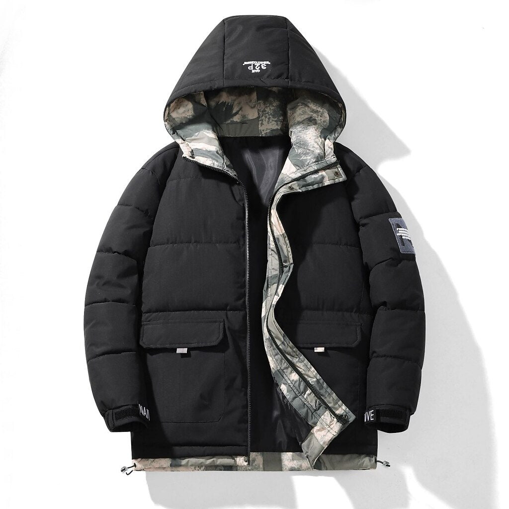 Men’s Quilted Hooded Patchwork Puffer Jacket – Everyday Warmth & Practical Style