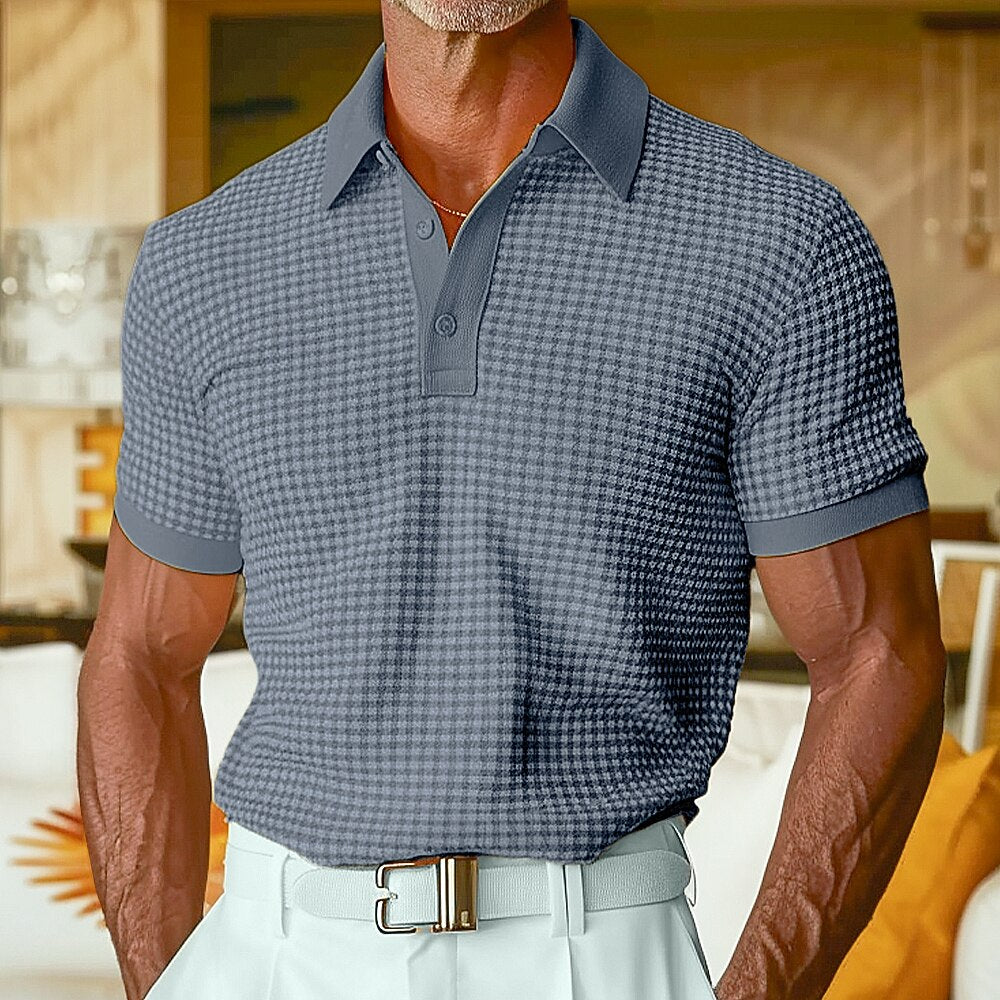 Textured Waffle Polo-Soft Summer Lapel Collar Shirt
