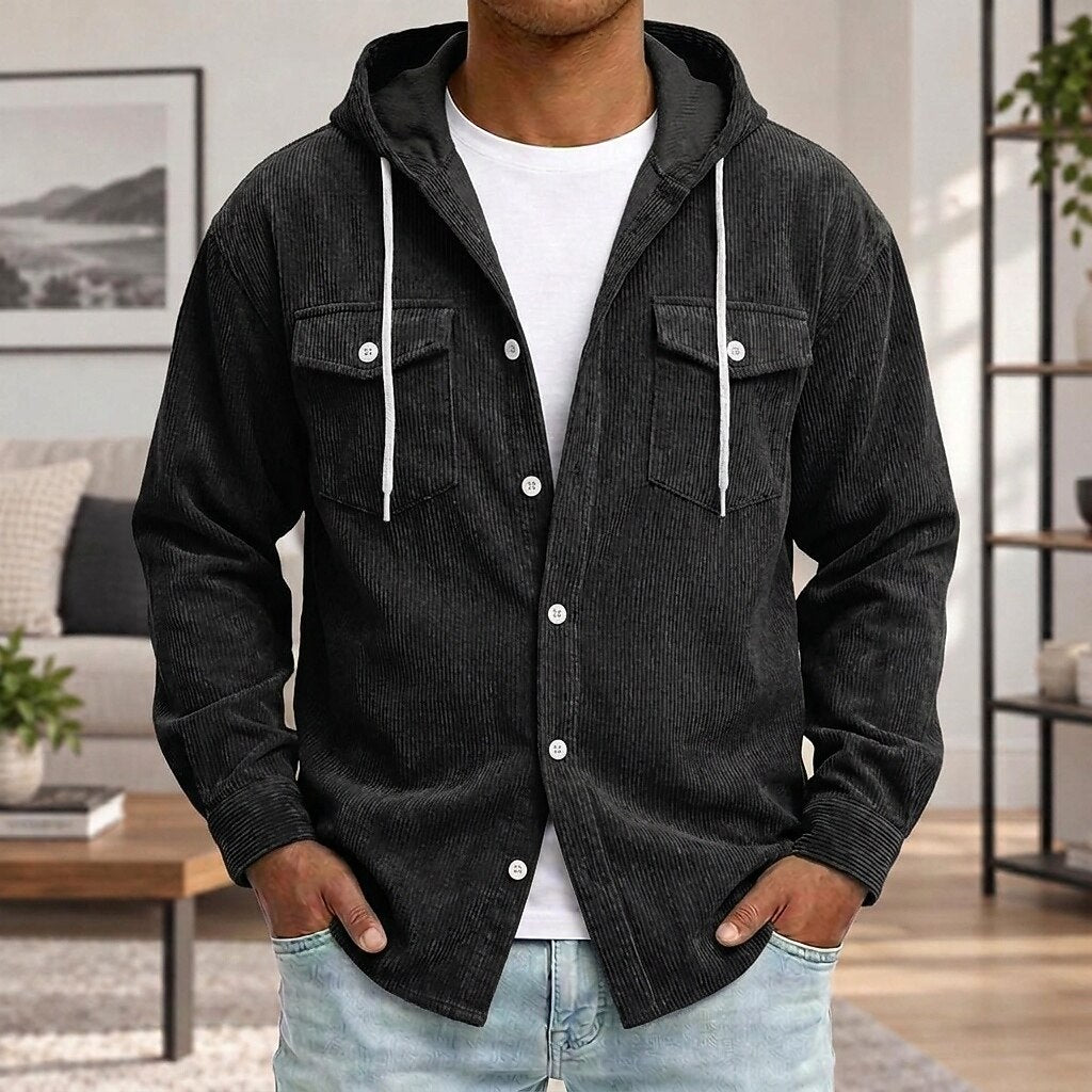 Textured Corduroy Hooded Shirt With Pocket