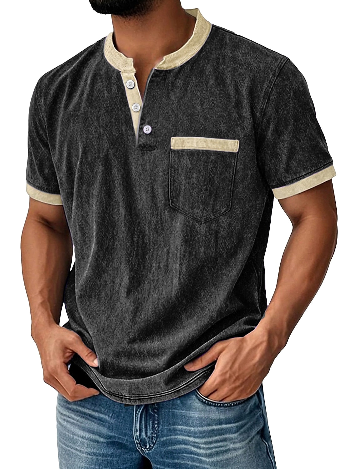 Retro 100% Cotton Acid Wash Henley T-shirt