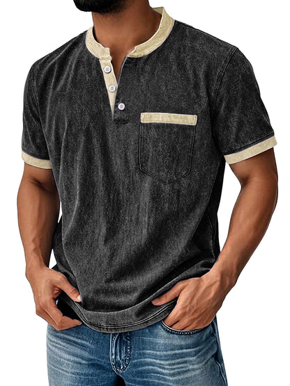 Retro 100% Cotton Acid Wash Henley T-shirt