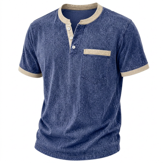 Colorblock 100% Cotton Acid Wash Henley Shirt