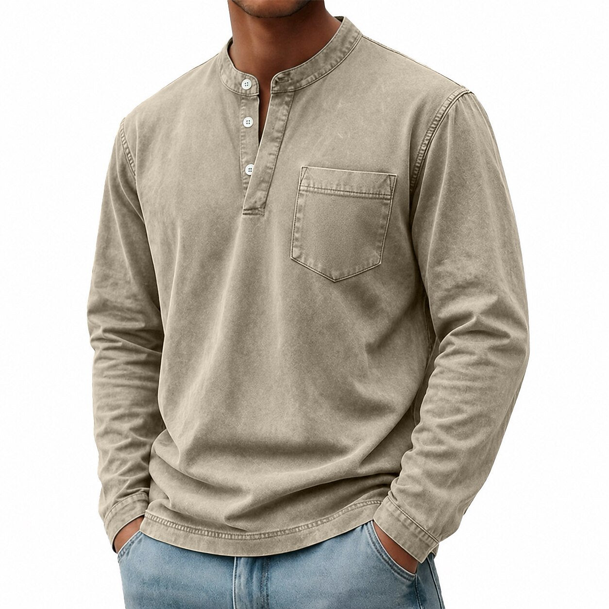 100% Cotton Henley T-Shirt-Vintage Washed Look