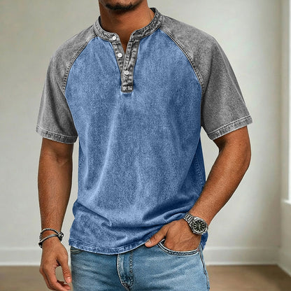 Broken-in Comfort Washed Cotton Denim Henley T-Shirt