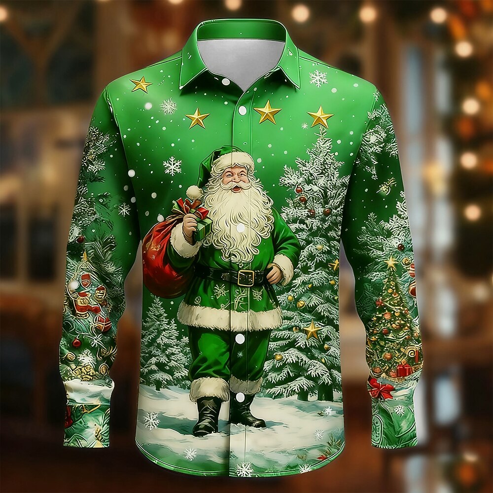 Christmas Santa Tree Snowflake Button Shirt