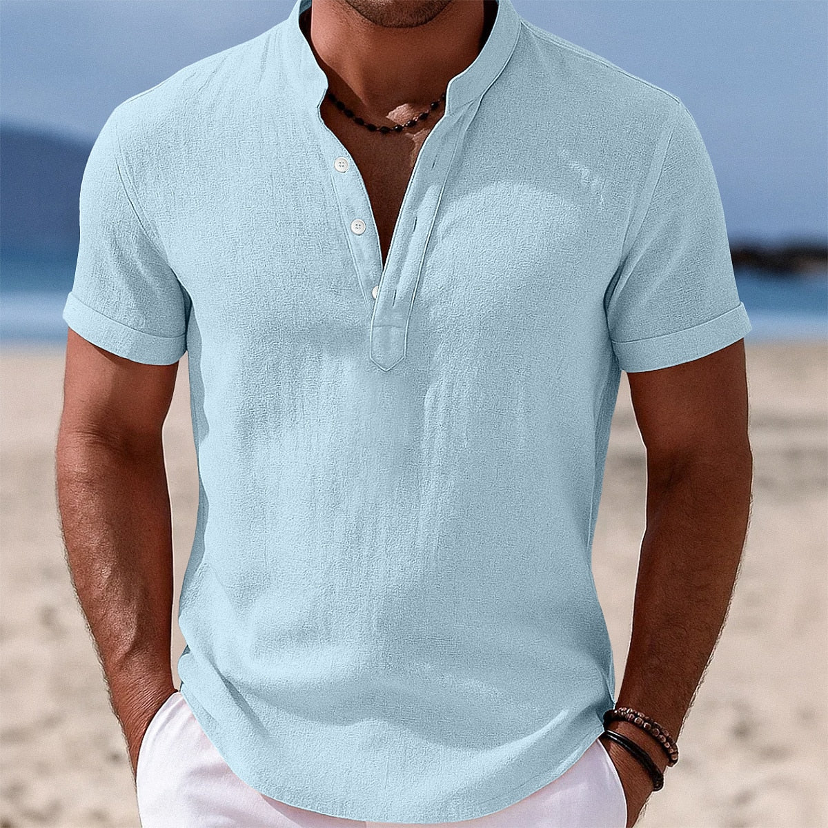Cotton Linen Shirt with Band Collar Design