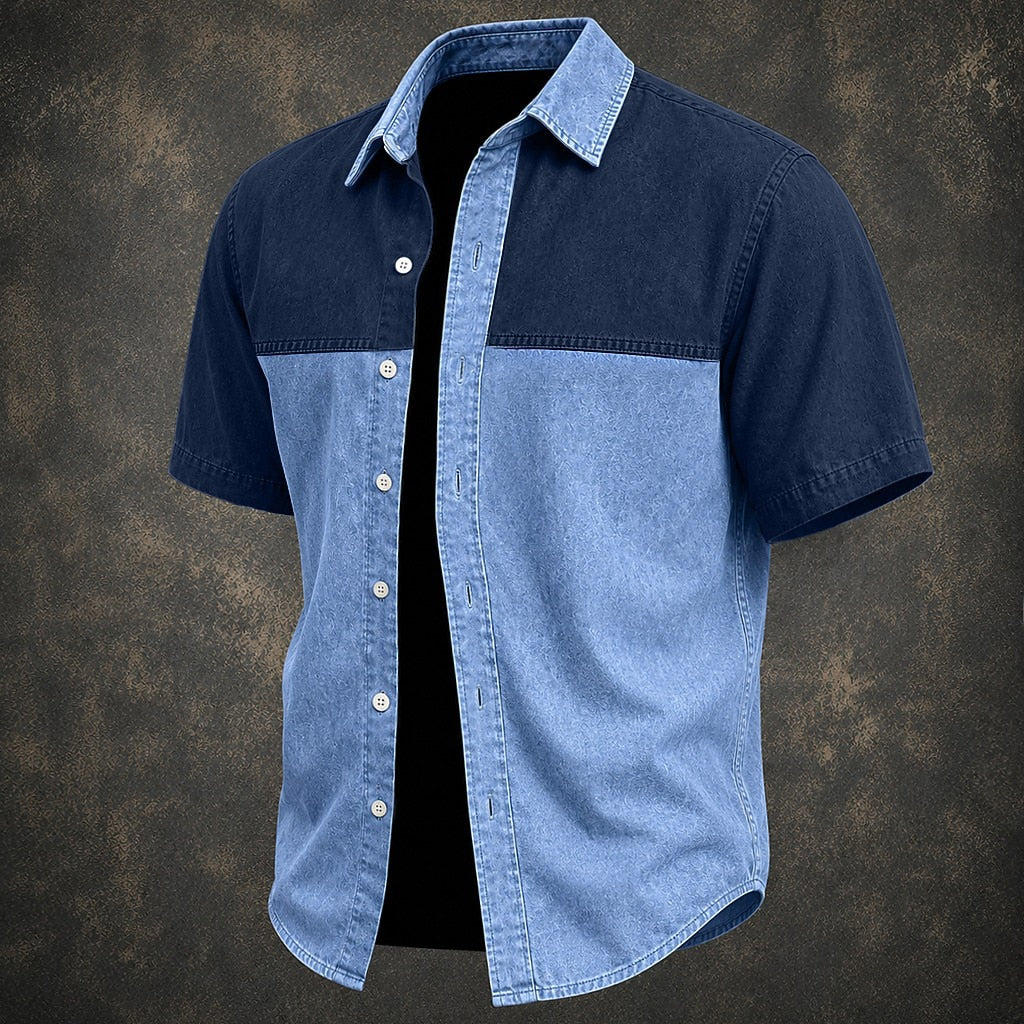 Washed Cotton Colorblock Denim Shirt