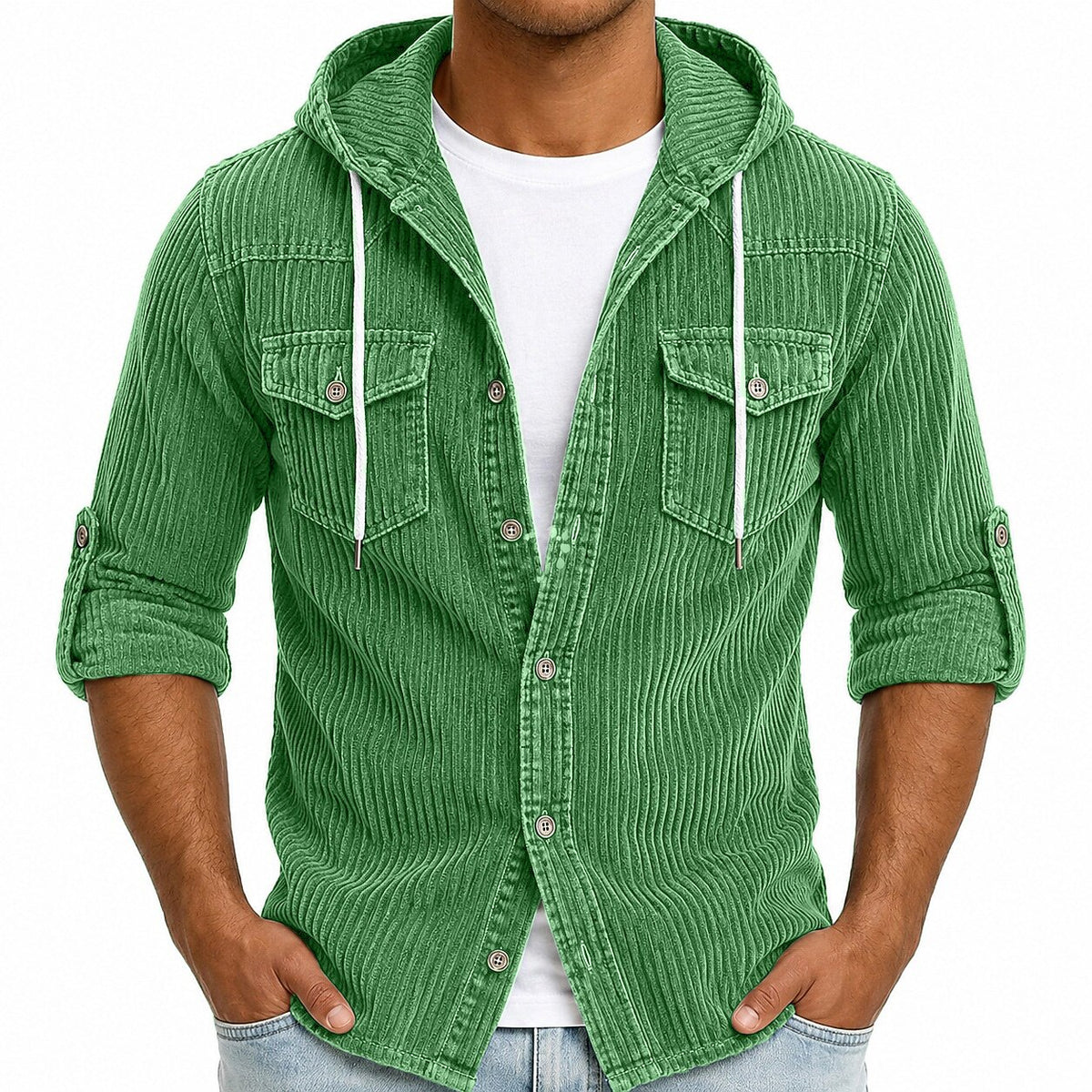 Textured Corduroy Hooded Cargo Shirt