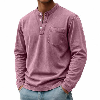 100% Cotton Henley T-Shirt-Vintage Washed Look