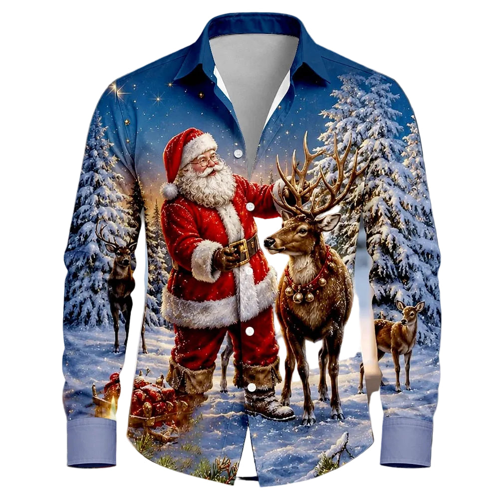 Santa Christmas Tree Animal Button Shirt