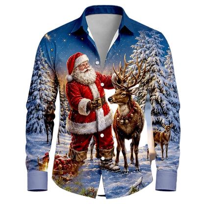 Santa Christmas Tree Animal Button Shirt