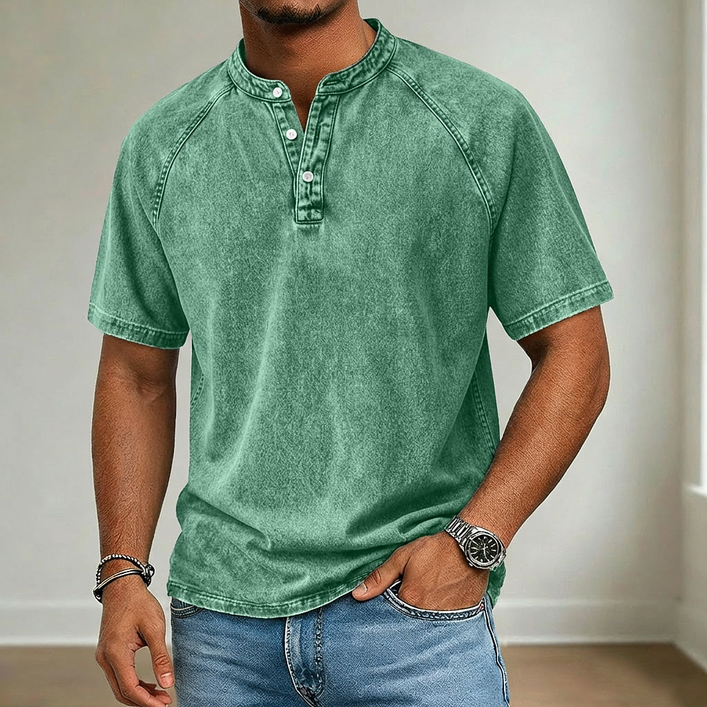 Retro 100% Cotton Demin Henley T-Shirt