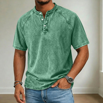 Retro 100% Cotton Demin Henley T-Shirt