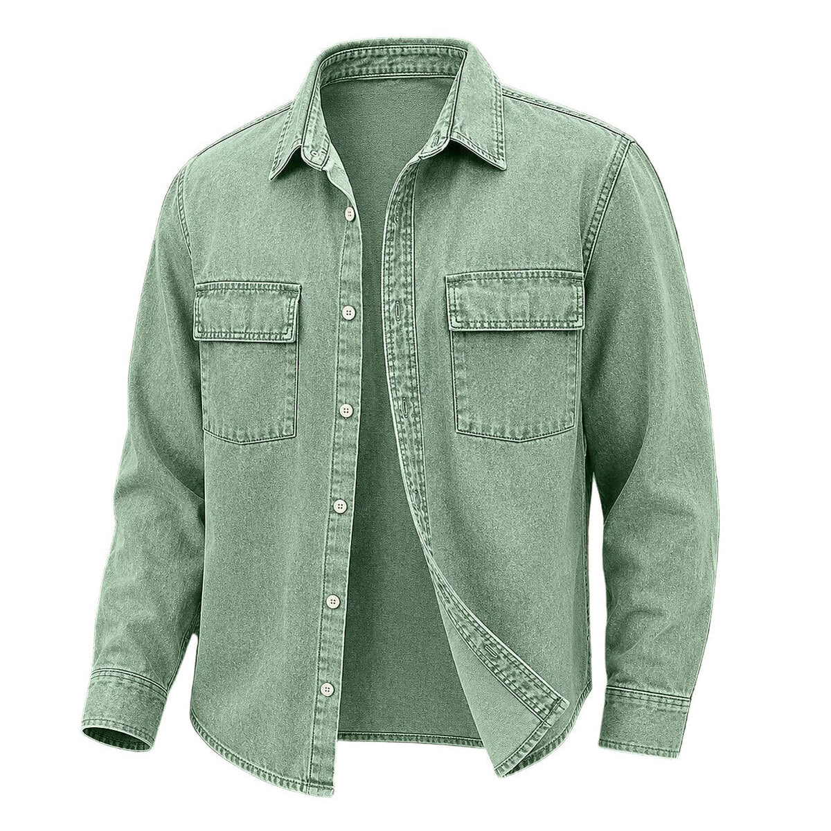 A sage green long-sleeve button-up shirt with two chest pockets.