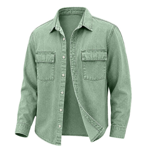 A sage green long-sleeve button-up shirt with two chest pockets.