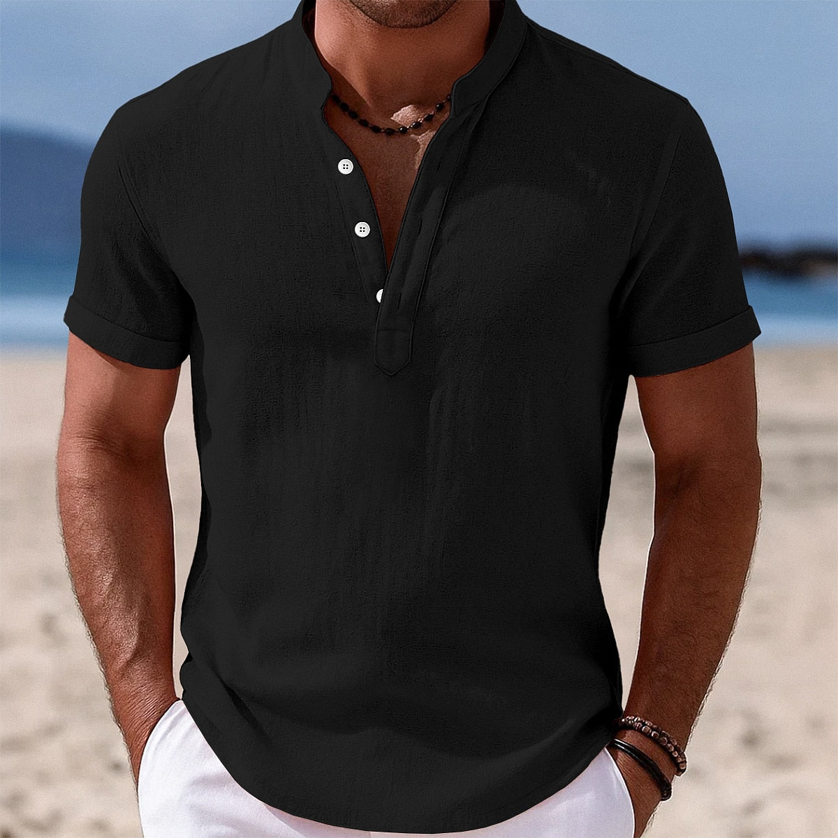 Cotton Linen Shirt with Band Collar Design