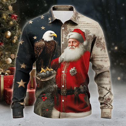 Christmas Santa Eagle Flag Button Shirt
