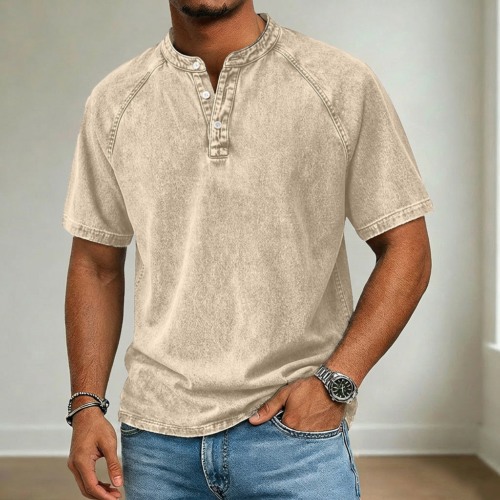 Retro 100% Cotton Demin Henley T-Shirt
