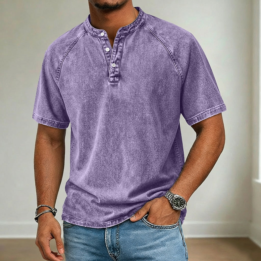 Retro 100% Cotton Demin Henley T-Shirt