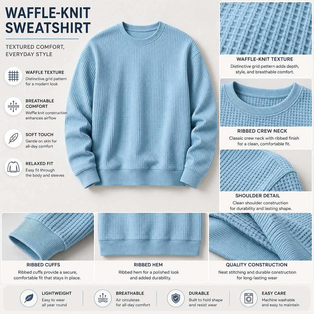 Classic Waffle Knit Crew Neck Sweatshirt