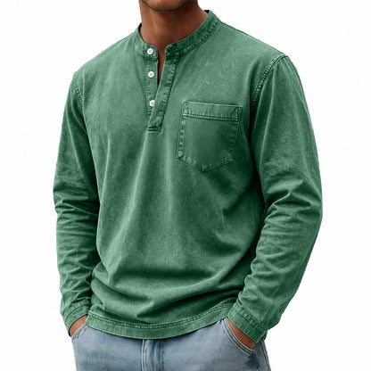 100% Cotton Henley T-Shirt-Vintage Washed Look