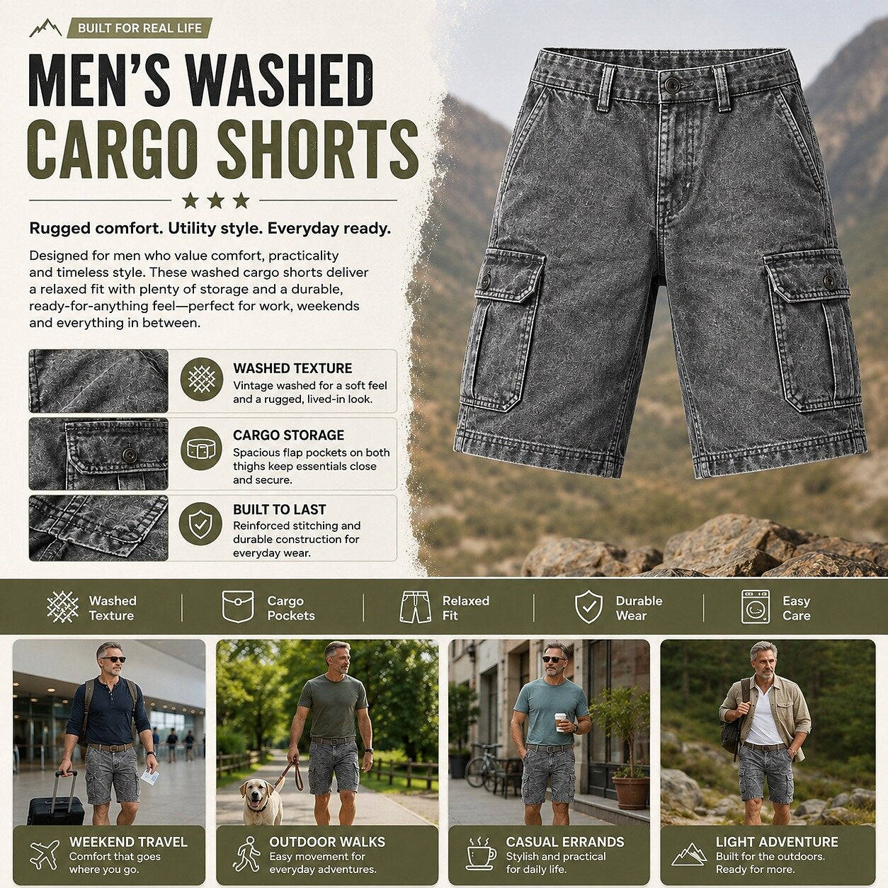 Vintage Washed Cotton Cargo Shorts