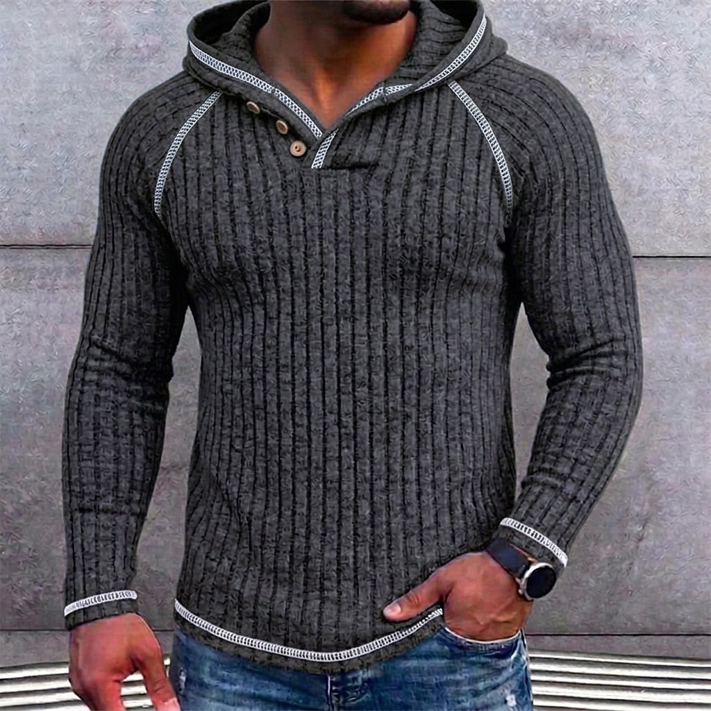 Fleece Ribbed Knit Hooded Henley Shirt