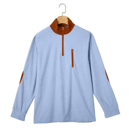 Patchwork Corduroy Zipped Henley Shirt