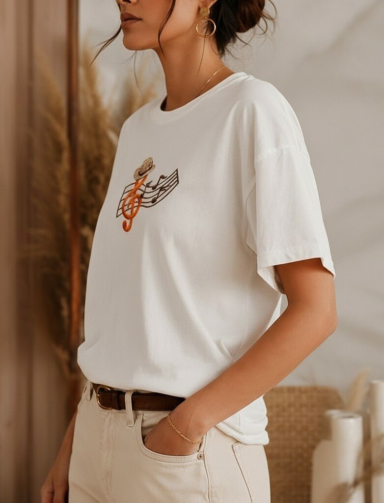 Woman wearing a LoomBasics white 100% cotton tee with embroidered music note design