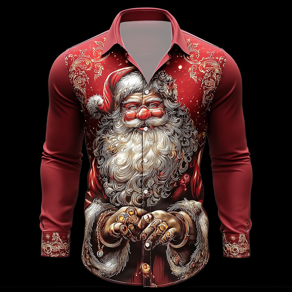 Christmas Santa Snowman Tree Button Shirt
