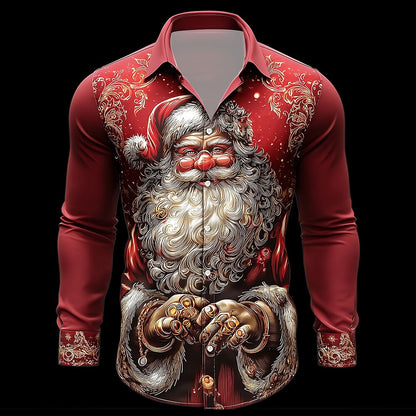 Christmas Santa Snowman Tree Button Shirt