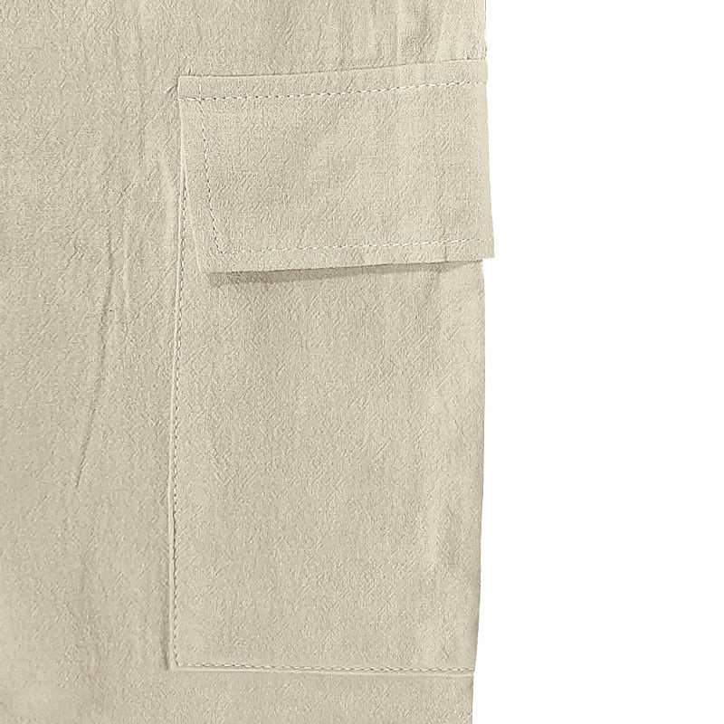 Men's Linen Shorts-Summer Drawstring Shorts with Multiple Pockets