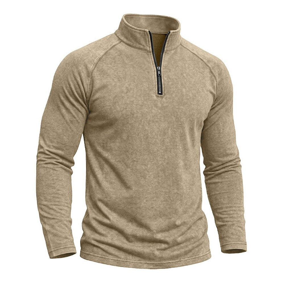 A men's long-sleeve quarter-zip pullover in a heathered khaki beige color, shown on a white background.