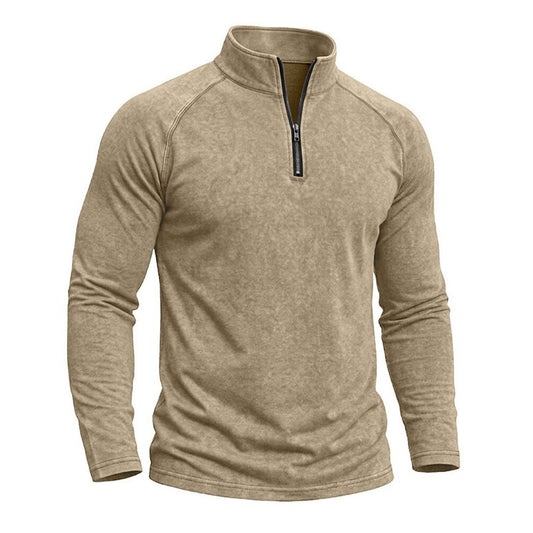 A men's long-sleeve quarter-zip pullover in a heathered khaki beige color, shown on a white background.