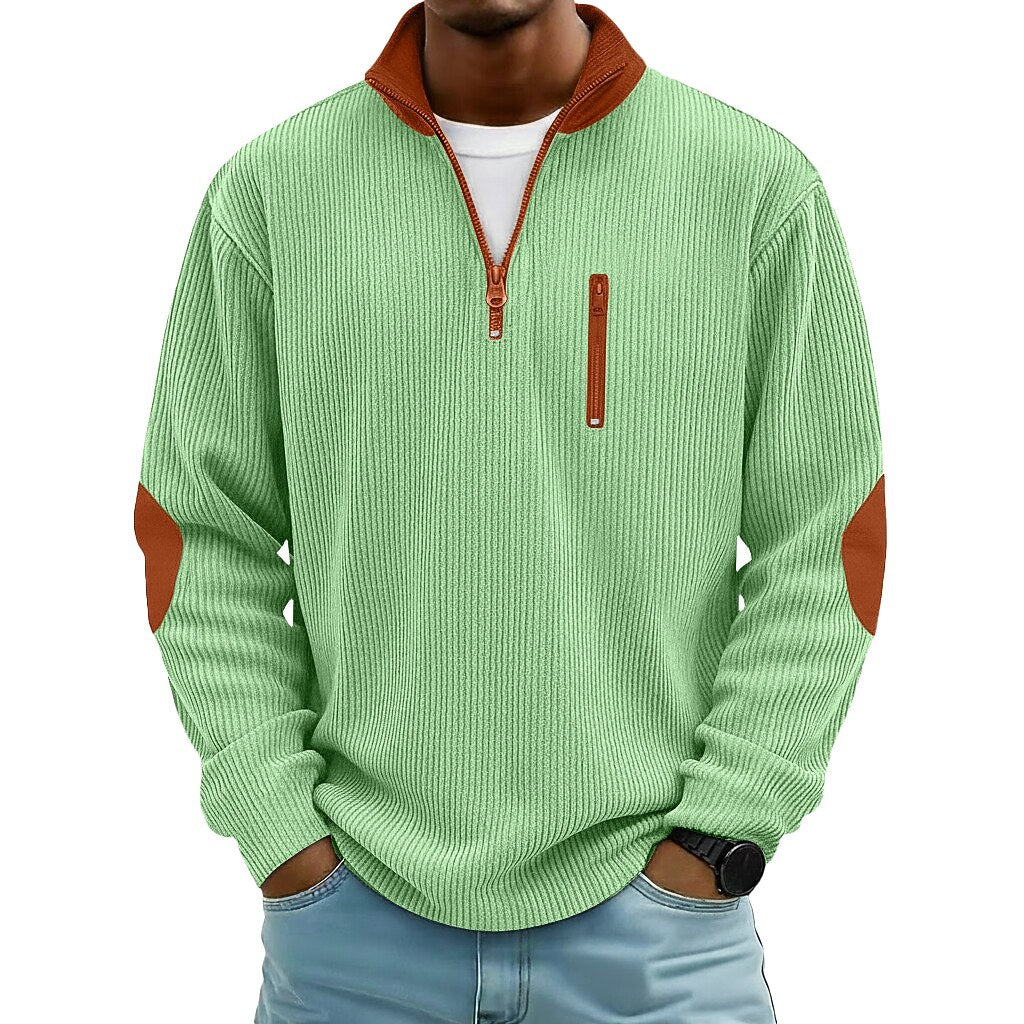 Patchwork Corduroy Zipped Henley Shirt