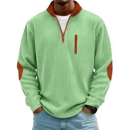 Patchwork Corduroy Zipped Henley Shirt