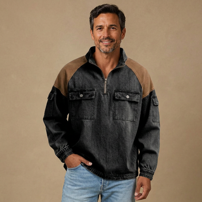 Broken-in Cotton Colorblock Zipped Henley Shirt