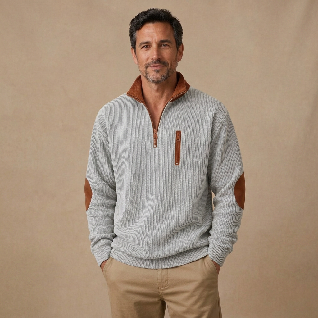 Patchwork Corduroy Zipped Henley Shirt