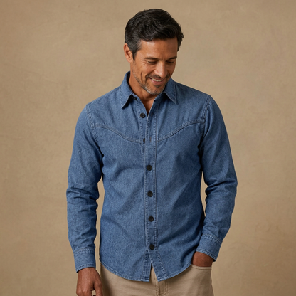 Vintage Washed Cotton Button-Up Denim Work Shirt