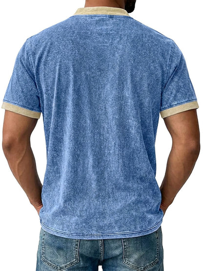 Retro 100% Cotton Acid Wash Henley T-shirt