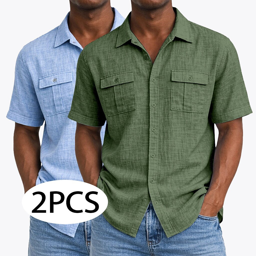 2Pcs Cotton Linen Button Up Shirts