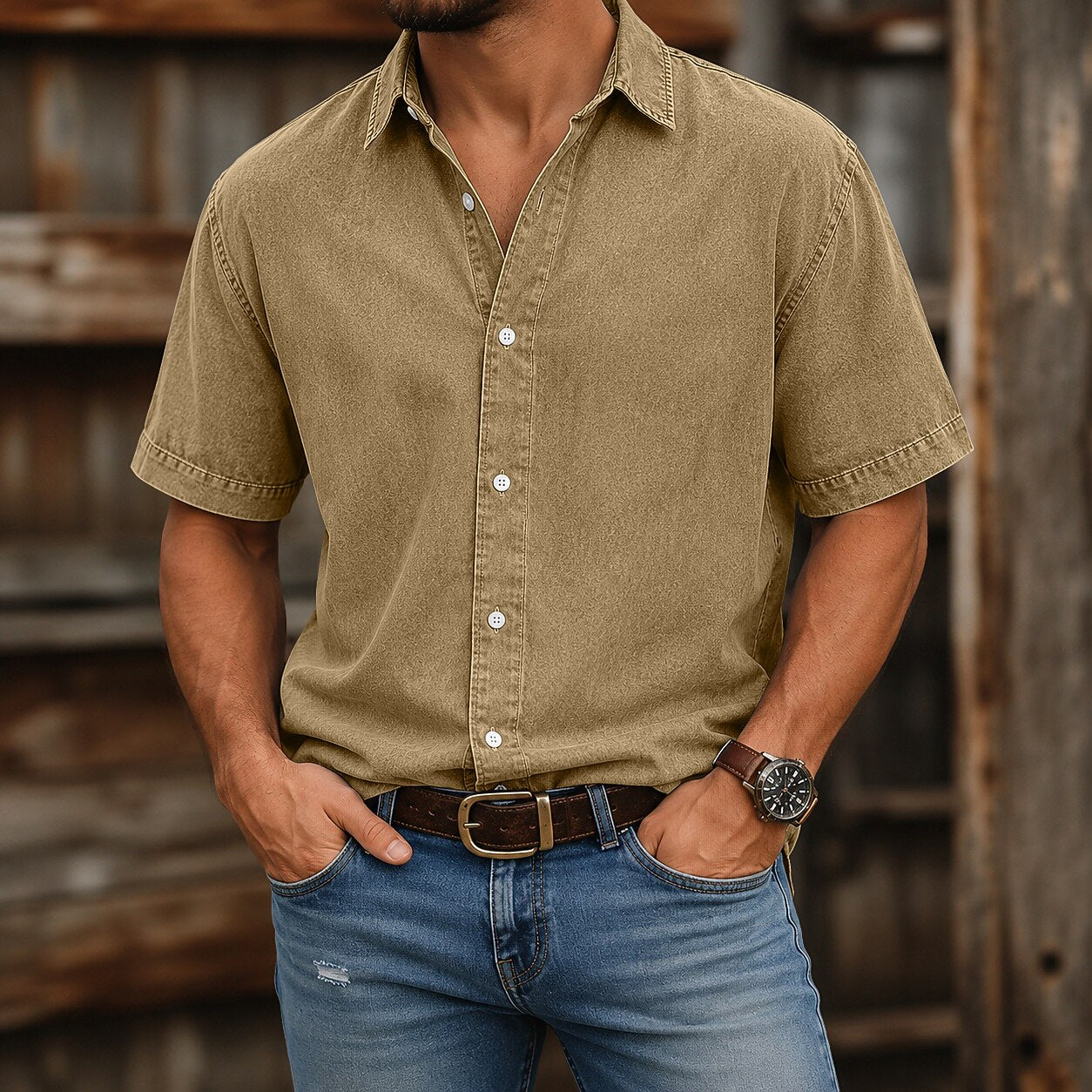 Broken-In Cotton Denim Shirt