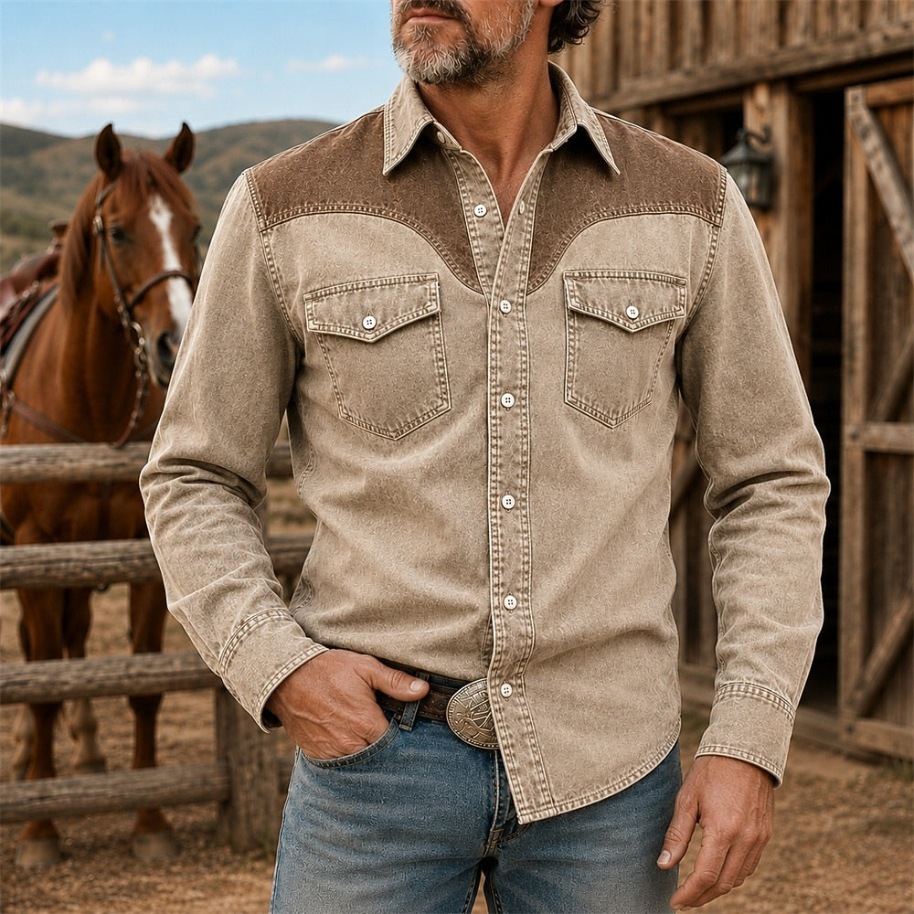 Vintage Washed Cotton Colorblock Denim Shirt