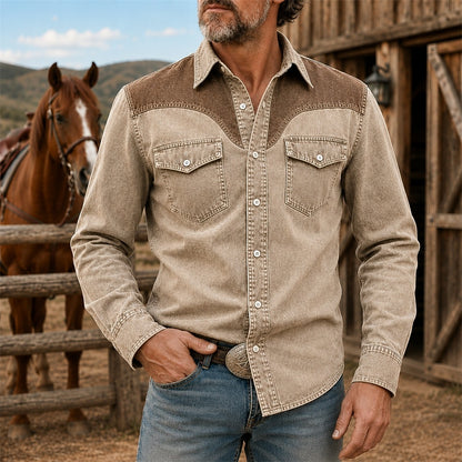 Vintage Washed Cotton Colorblock Denim Shirt