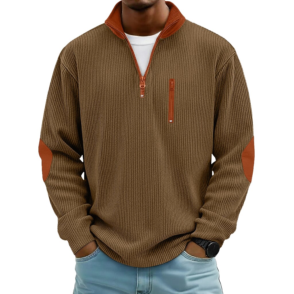 Patchwork Corduroy Zipped Henley Shirt