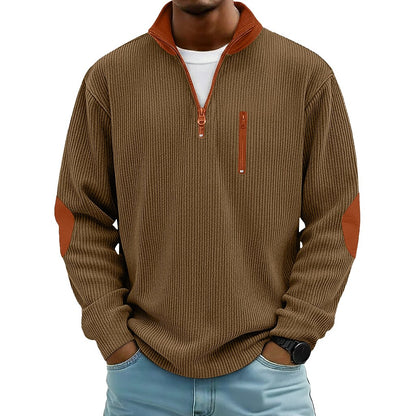 Patchwork Corduroy Zipped Henley Shirt