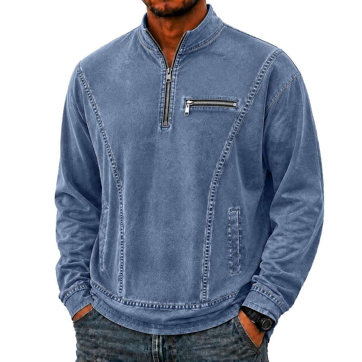 Quarter Zip Washed Cotton Polo Shirt