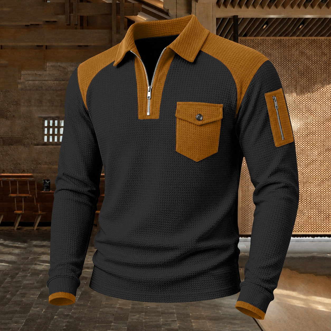 Colorblock Quarter Zip Waffle Polo