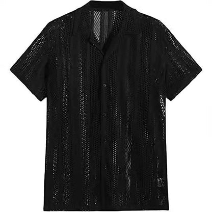 Men's Jacquard Button-Down Shirt-Textured Short Sleeve Top